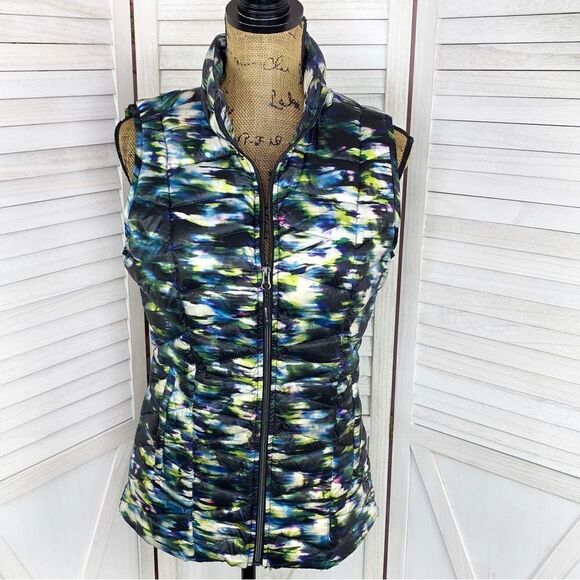 Tangerine Watercolor Down Filled Puffer Vest Black Multicolor Small - Picture 1 of 12